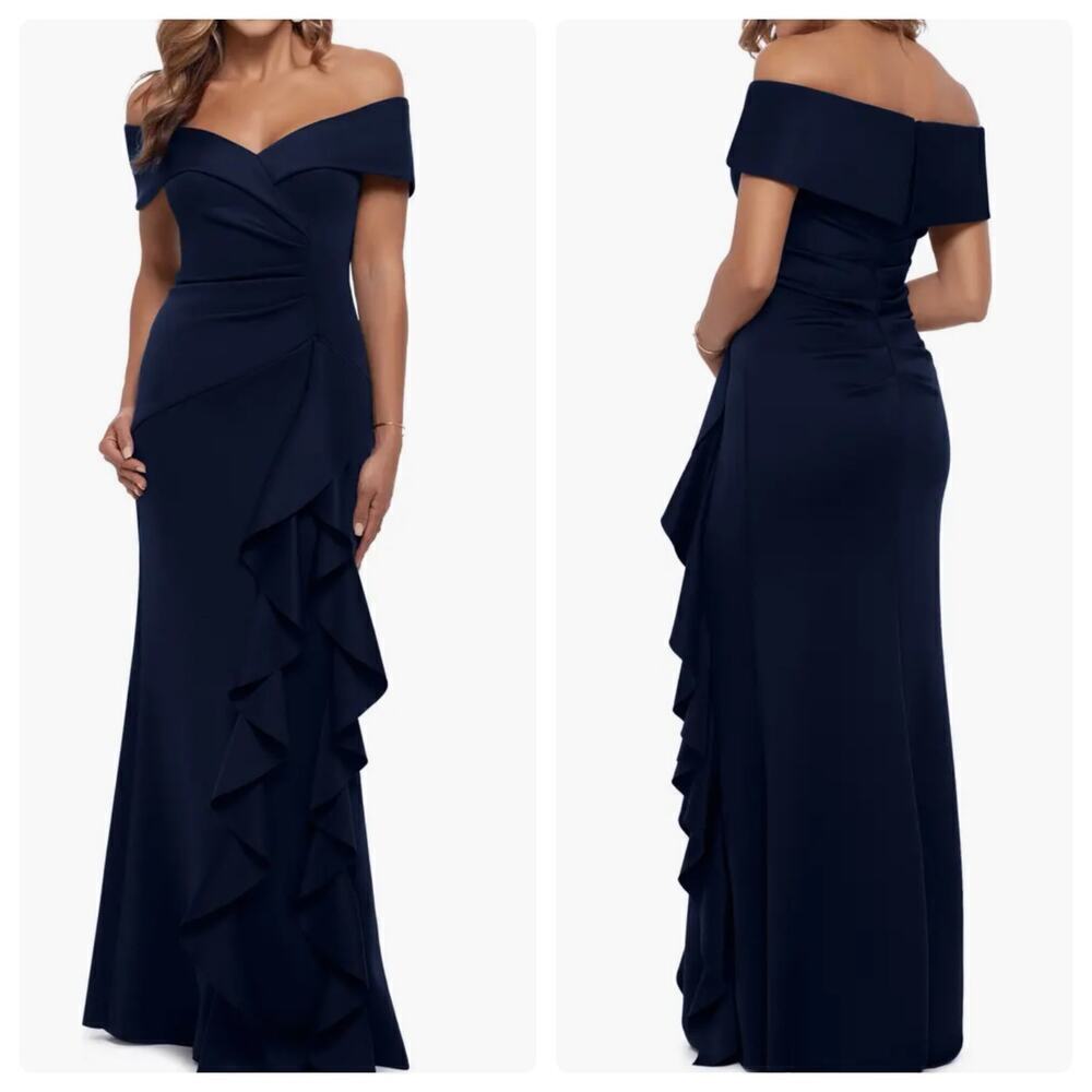 XSCAPE Ruffle Off the Shoulder Scuba Knit Gown Midnight Blue Size 12 NWOT